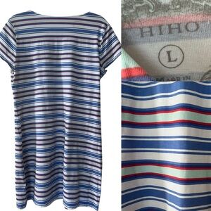 Hiho Preppy Tee Shirt Dress Cotton size Large Blue White Coral Green Stripe